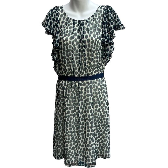 BCBGMaxAzria NWT Ruffle Sleeve Crew Neck Midi Polka Dot Dress Navy/Green Size L - Picture 1 of 12